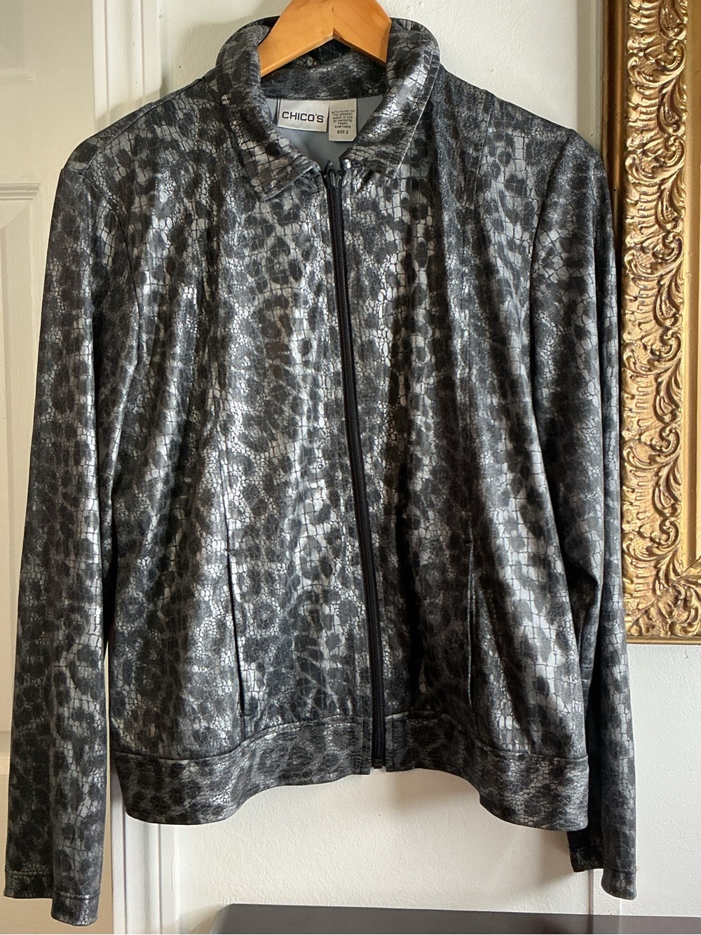 Chico's Black Metallic Leopard-Effect Zip Jacket